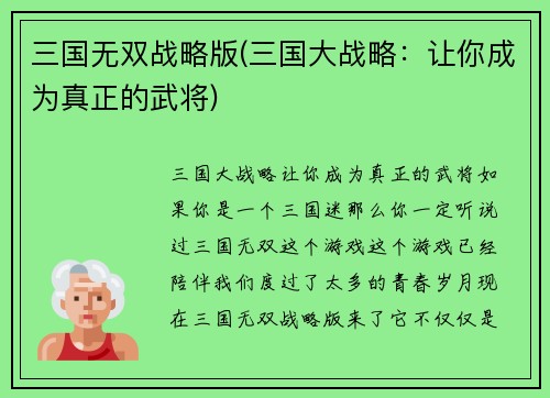 三国无双战略版(三国大战略：让你成为真正的武将)